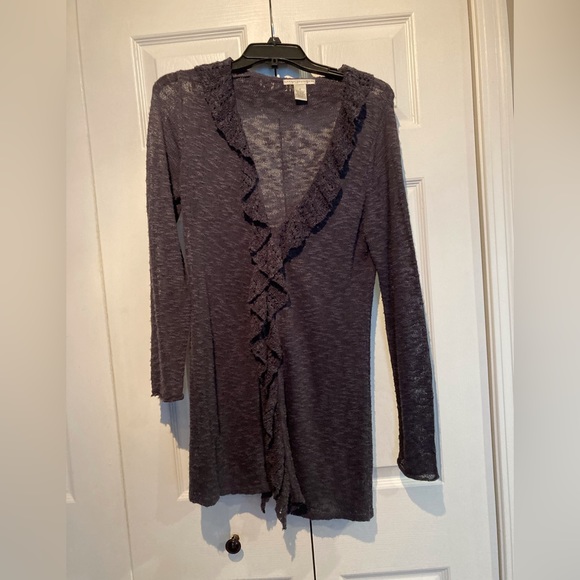 Sarah Spencer Sweaters - Blue/grey duster sweater with ruffle neckline and one hook closure. Size medium.